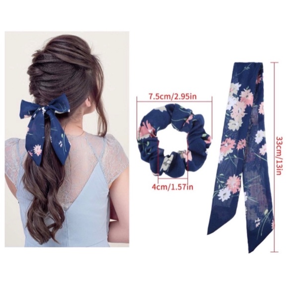 Brown w/White Flowers Scrunchie Hair Tie Bow Scarf - Picture 5 of 7